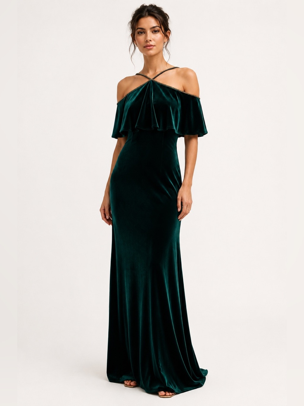 Aidan Mattox Cold Shoulder Elegant Long Dress Emerald Green Velvet Size 0 Formal